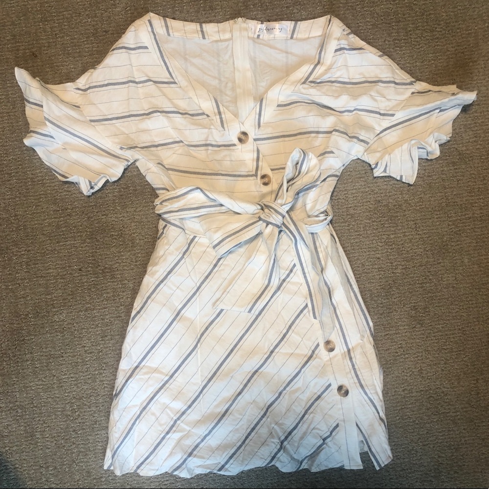 GoldMorning White & Navy Striped Flutter Sleeve Dress